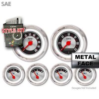 gauge,instrumentation,speedometer,tachometer,fuel,oil,volts,clock,MPH,temp,temperature,PSI,SAE,metric,needle,trim,interior,dash,electric,hot rod,style,kit,face,bezel,pod,ring,medallion,sensor