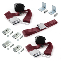 Camaro 1967 - 1969 Airplane 2pt Burgandy Retractable Bench Seat Belt Kit w/ Bracketry - 3 Belts - Part Number: STBD2FB4