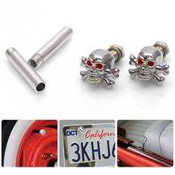Chrome Skull n Cross Bones w/ Rd Eyes 2 Valve Cap, Door Pull, Plate Combo Kit - Part Number: VPAVK4SCH