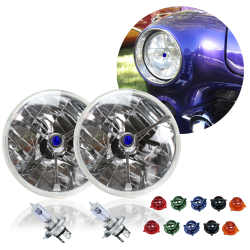 Tri Bar 7" Round Halogen Headlight Assembly Pair H4 Bulbs 5 Color Dots Car Truck - Part Number: AUTLENB1ABS