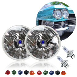 Tri Bar 5 3/4" Round Halogen Headlight Assembly Pair H4 Light Bulbs 5 Color Dot - Part Number: AUTLENC1ABS