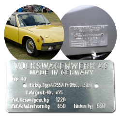 Volkswagen Type 47 Porsche 914 2.0 Made in Germany Vin Data Information Plate - Part Number: LABVIN15